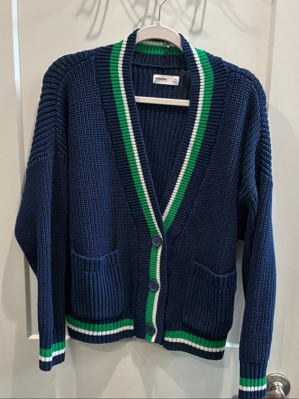 Sonoma Navy Cardigan with Green & White Stripe Trim XL 3 Button Sweater